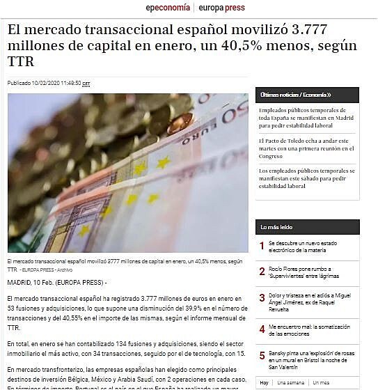 El mercado transaccional espaol moviliz 3.777 millones de capital en enero, un 40,5% menos, segn TTR